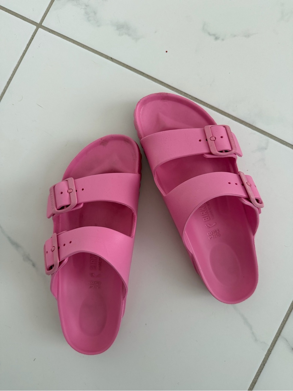 Birkenstock Women’s Candy Pink Double Buckle Arizona EVA Slides